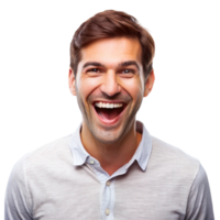 Joyful man laughing with an open smile, isolated on Transparent Background, showing happiness and genuine amusement png