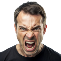 Enraged man with his face contorted in fury, shouting with intense emotion, isolated on Transparent Background, symbolizing aggression png