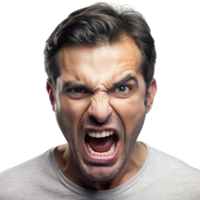 Angry man with a fierce expression, shouting in frustration, isolated on Transparent Background, perfect for anger related concepts png