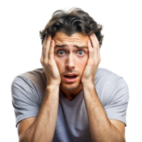 Anxious man with hands on face, isolated on Transparent Background, showing fear and worry, perfect for stress and anxiety themes png