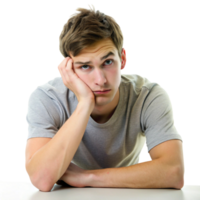 Tired man with a bored expression, leaning on his hands, perfect for concepts of boredom, waiting, or fatigue png