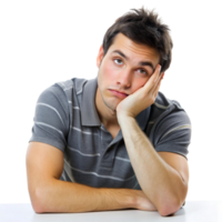 Bored man leaning on table, looking tired and unenthusiastic, ideal for concepts of procrastination and dull moments png