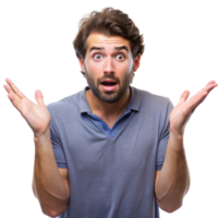Surprised man with open arms expressing confusion and disbelief, isolated on Transparent Background, showing shock and curiosity png