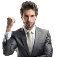 Strong willed businessman raising fist in victory, representing success, motivation, and career achievement png