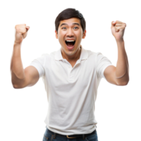 Enthusiastic young man celebrating success with fists raised and an ecstatic expression in Transparent Background png