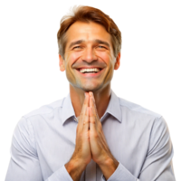 Grateful businessman smiling with hands together in an appreciative gesture on an isolated Transparent Background png