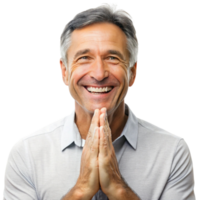 Middle aged man expressing gratitude with a joyful smile and clasped hands in a studio Transparent Background png