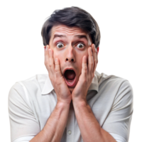 Shocked and scared man with hands on his face, reacting to something terrifying, with wide eyed and open mouthed fear png