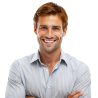 Confident and successful man smiling brightly, expressing joy and satisfaction in a professional setting png