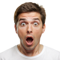 Young man reacting to an unexpected event, showing a shocked and wide eyed facial expression in a close up image png
