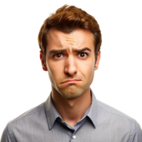 Portrait of a man with a confused, questioning facial expression, displaying skepticism and hesitation in a close up shot png