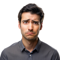 Skeptical man looking directly at the camera, expressing doubt and concern with a furrowed brow and uncertain gaze png