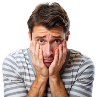 Portrait of a distressed young man with his hands on his cheeks, displaying worry, anxiety, and doubt on Transparent Background png
