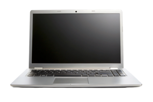 Front view of modern silver laptop with blank screen on Transparent Background, ideal for technology and business concepts png