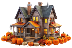 Miniature Halloween haunted house adorned with pumpkins and fall decor, ideal for autumn and festive ambiance png