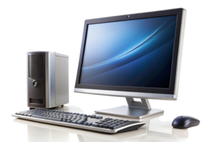Silver laptop and desktop computer setup on a Transparent Background, showcasing minimalistic tech and productivity equipment png