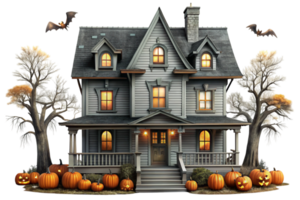 Scary haunted house with glowing windows, pumpkins, and bats, creating a chilling Halloween atmosphere png