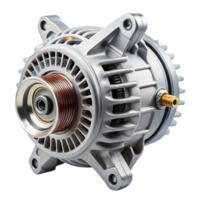 High performance car alternator showcased on a white surface, suitable for vehicle parts catalog or engineering visuals png