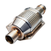 Close up view of an advanced catalytic converter part for vehicle exhaust systems, displayed on a Transparent Background png