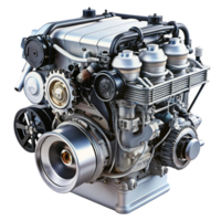 Detailed automotive engine with shiny metallic parts, belts, and components in a studio setting on a Transparent Background png