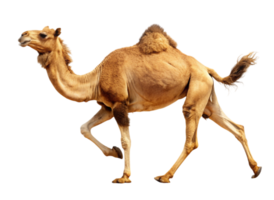 A healthy camel in full stride on sandy terrain, perfectly silhouetted against a Transparent Background during a daytime desert walk png