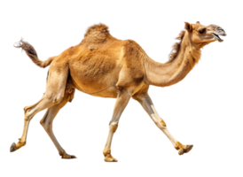 A camel running across a desert with a Transparent Background, captured in motion showing its strong body and distinctive features png