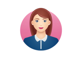Flat design female avatar icon with blue shirt simple and professional look isolated on white png