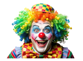 Close up of a cheerful clown with colorful costume and bright red nose, suitable for party or amusement related visuals png