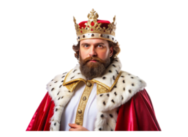 Majestic king in royal attire with crown and fur trimmed robe looking regal on Transparent Background png