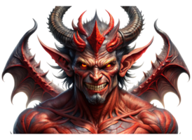 Terrifying red demon with muscular build and sharp teeth, glaring menacingly in a close up view png