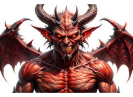 Fierce red skinned demon with intense yellow eyes and sharp fangs, showcasing powerful horns on a Transparent Background png