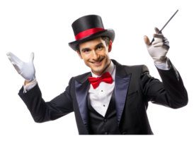 Entertaining magician dressed in tuxedo with red details holding magic wand cheerful expression on Transparent Background png