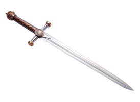 Medieval style sword with double edged blade, ornate hilt, and leather wrapped handle isolated on Transparent Background png