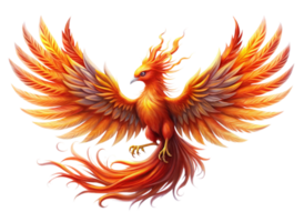 Fiery mythical phoenix with detailed feather work, wide wingspan, and intense gaze, embodying rebirth and transformation png