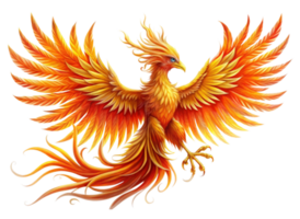Stunning depiction of a mythical phoenix in full flight with spread wings and blazing feathers, isolated on white png