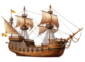Realistic illustration of a historic sailing ship with elaborate rigging and sails, symbolizing exploration and naval heritage png