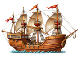 Iconic wooden sailing ship with multiple sails and masts, symbolizing the golden age of piracy and sea exploration png