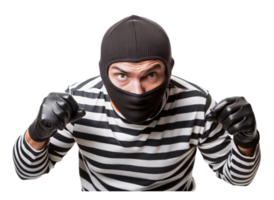 Burglar wearing black balaclava, leather gloves, and striped shirt posing in aggressive stance, white studio backdrop png