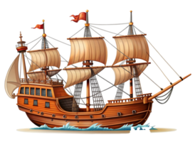 Pirate galleon with full sails and masts, featuring detailed rigging and craftsmanship, isolated on Transparent Background png