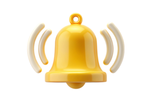 3D yellow notification bell with sound waves on white, perfect for alert icons in web and app design png