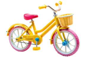Brightly colored toy bicycle with a basket and vibrant details, perfect for childrens toys and fun activities png