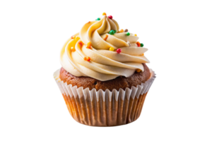 Vanilla cupcake topped with swirled buttercream frosting and colorful sprinkles, perfect for celebrations and treats png