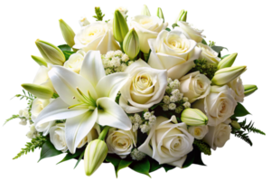 Elegant floral arrangement with white lilies and roses in full bloom, highlighting a sophisticated and fresh look png