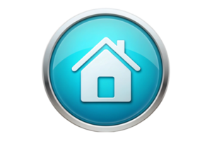 Blue home icon on a round button with modern design and metallic frame on a white background png