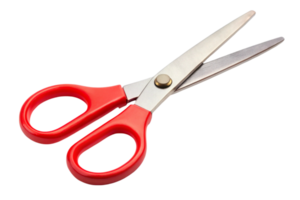 Pair of sharp edged scissors with bright red handles displayed on a white backdrop png