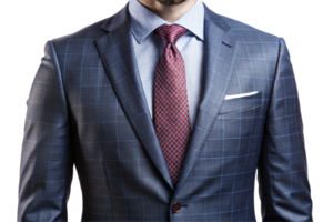 Business attire featuring a tailored blue suit with a check pattern and coordinated red tie on a white background png