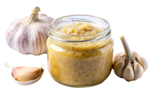 Freshly made garlic paste in a glass jar with whole and peeled garlic cloves on a white background png