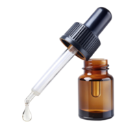 Amber glass dropper bottle with pipette, showing a droplet, ideal for essential oils, serums, and medical liquids png