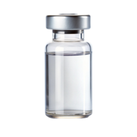 Sterile glass vial filled with clear liquid vaccine solution with a secure silver cap on a Transparent Background png