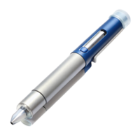 Close up of a blue and silver insulin pen, featuring ergonomic design for diabetes management, isolated png